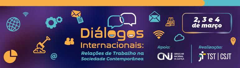 imagem de fundo roxo em degradê com dois balões conectados e vários ícones que representam o trabalho moderno para o Congresso Internacional Diálogos Internacionais: Relações de Trabalho na Sociedade Contemporânea